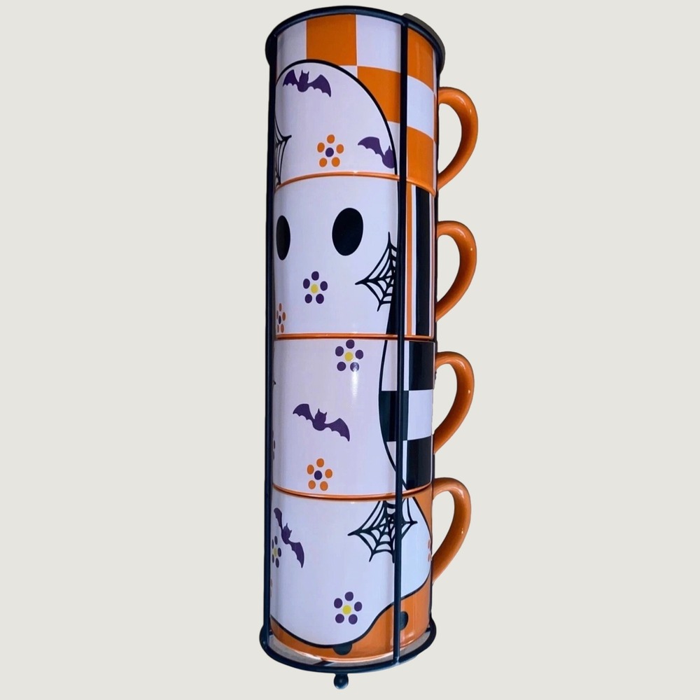 Temp-tations by Tara Halloween Ghost Stacking Mugs Set of 4 with Rack 14oz NEW